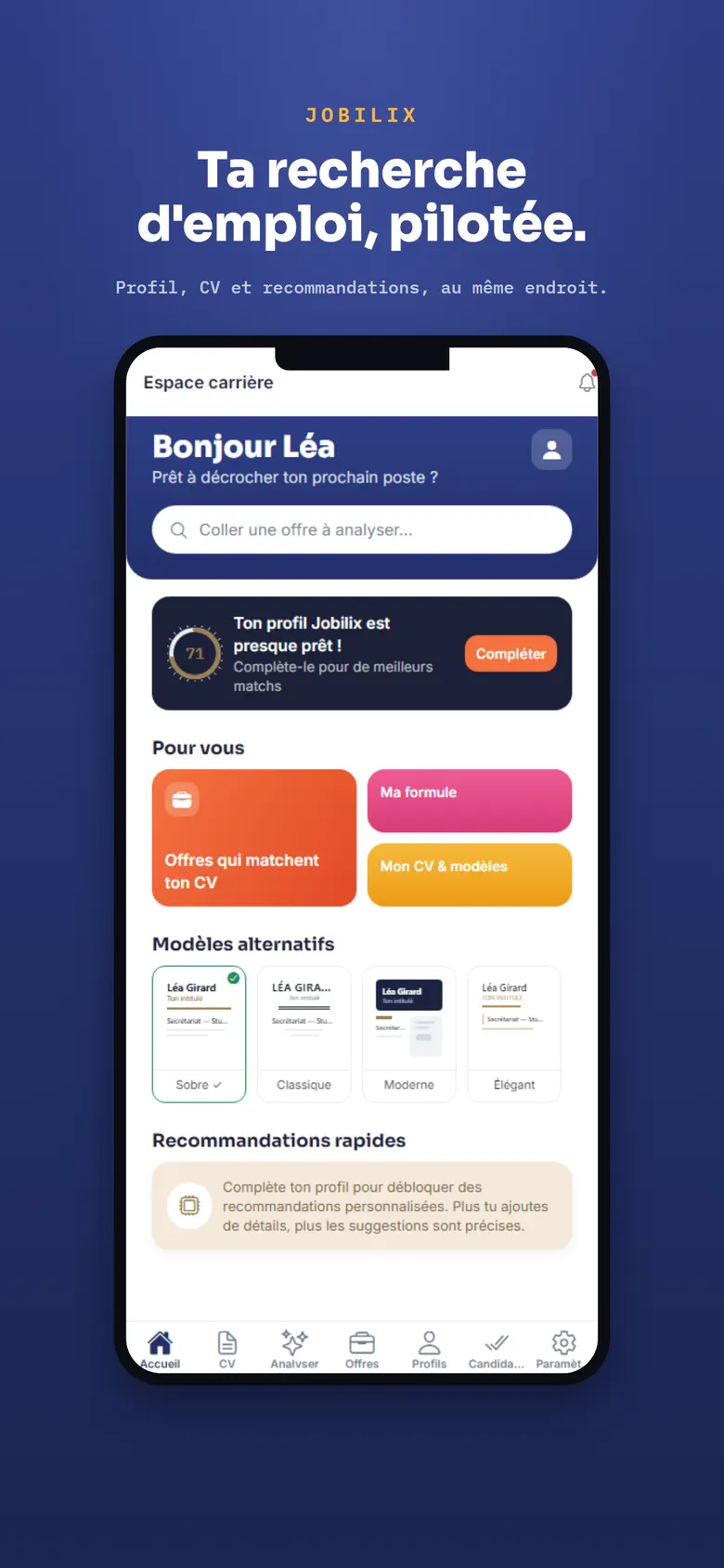Écran d'accueil Jobilix : offres qui matchent ton CV, ma formule, mon CV et modèles