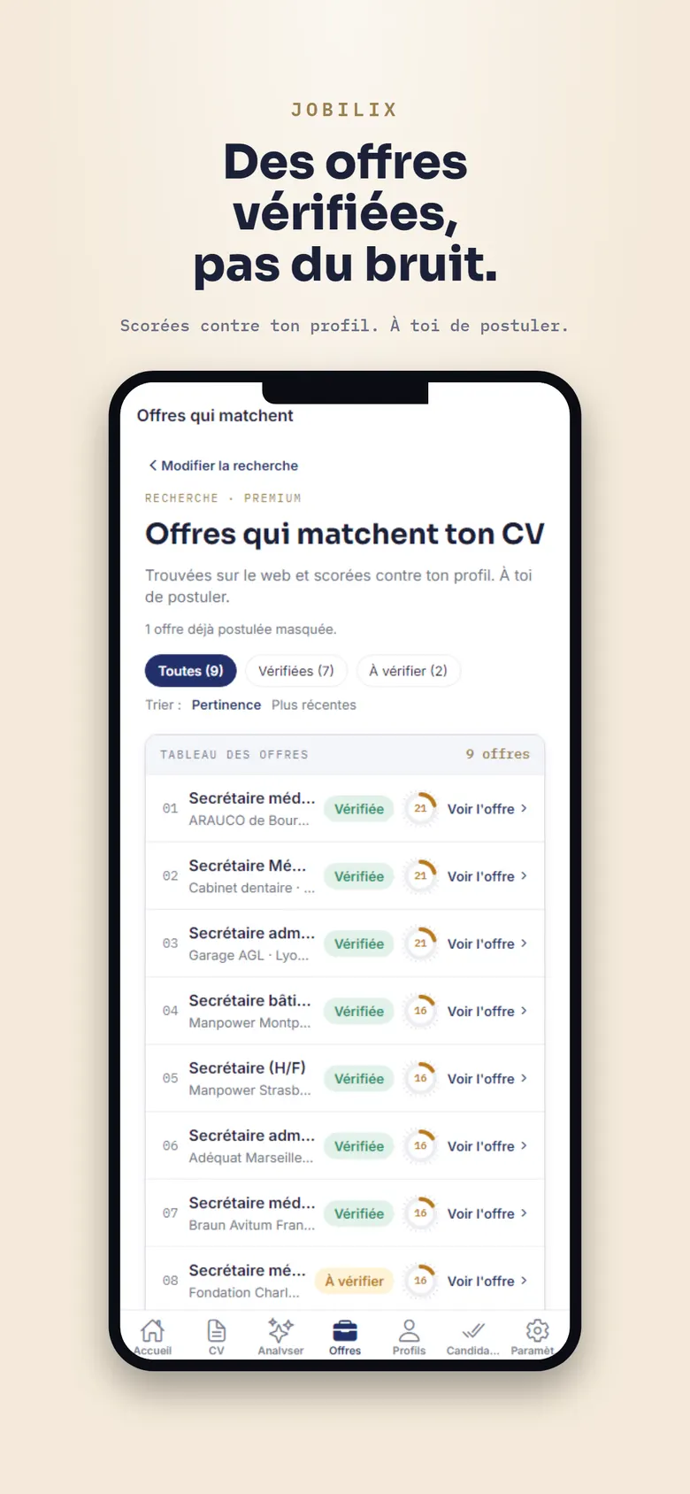 Liste des offres vérifiées et scorées par Jobilix