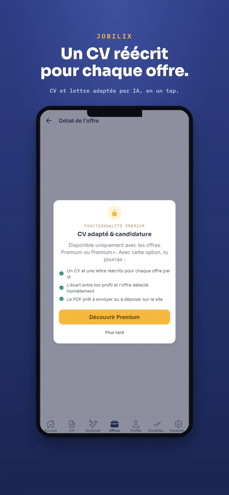 Détail d'une offre avec CV et lettre adaptés par IA
