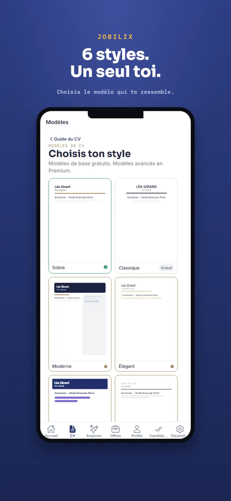 Six modèles de CV proposés par Jobilix