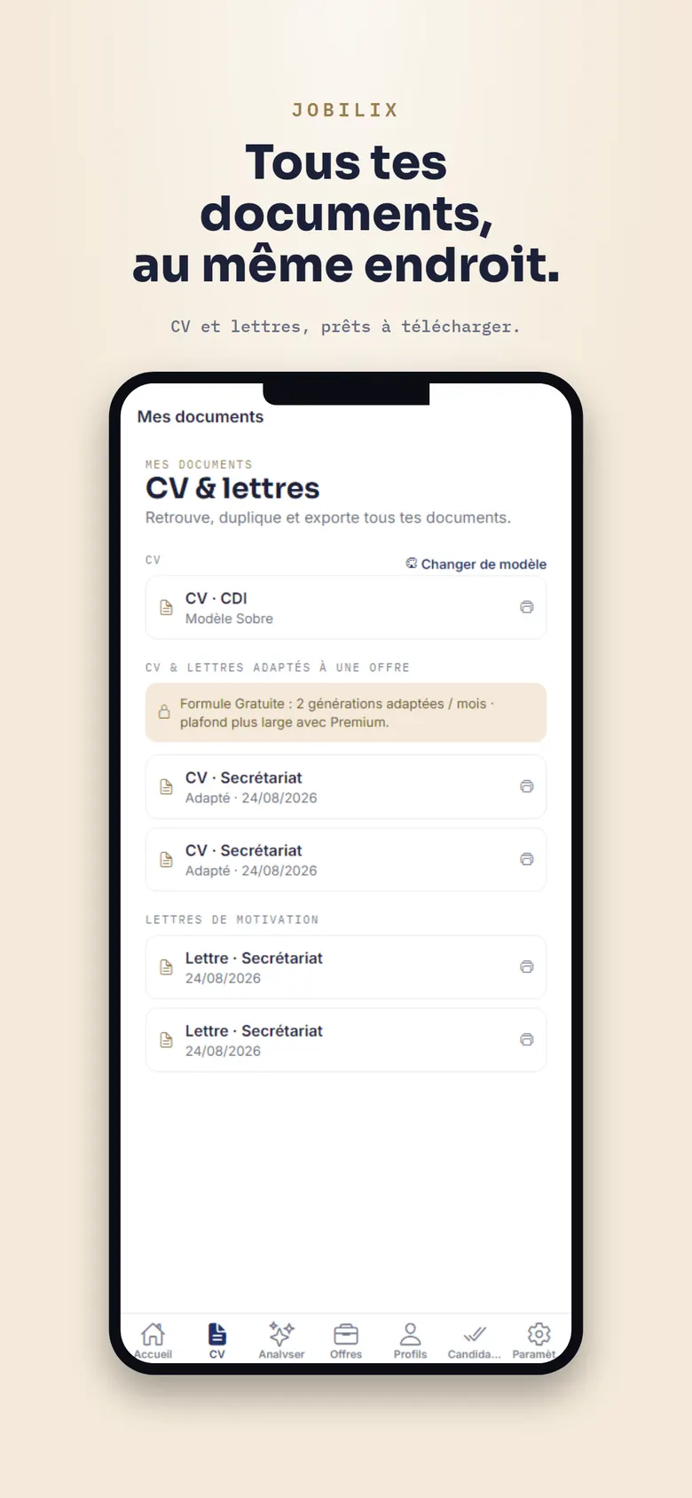 Tous les CV et lettres générés, centralisés dans Jobilix